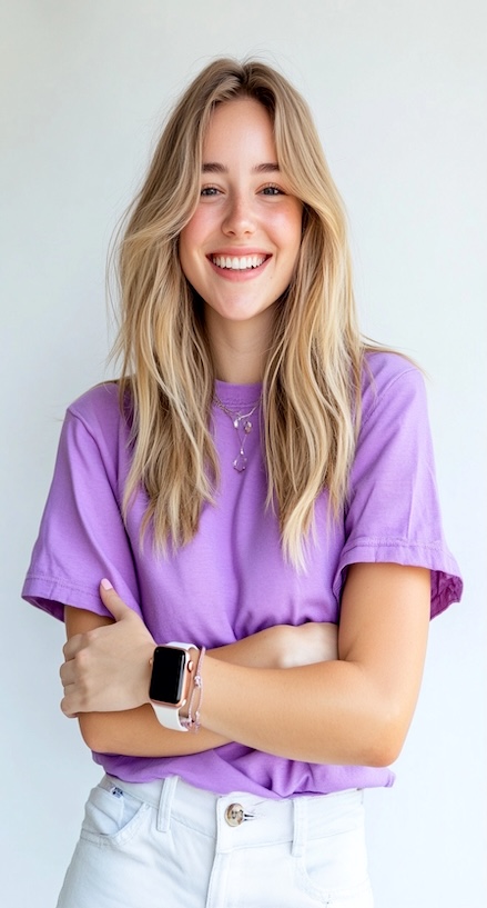 a blonde woman with a purple shirt and a white Apple Watch looking happy into the camera